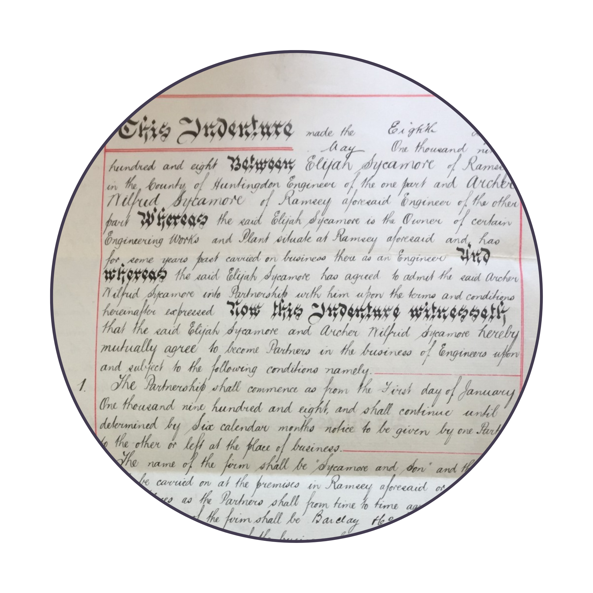 Close-up of an old handwritten legal document with ornate text, red borders, and cursive writing.