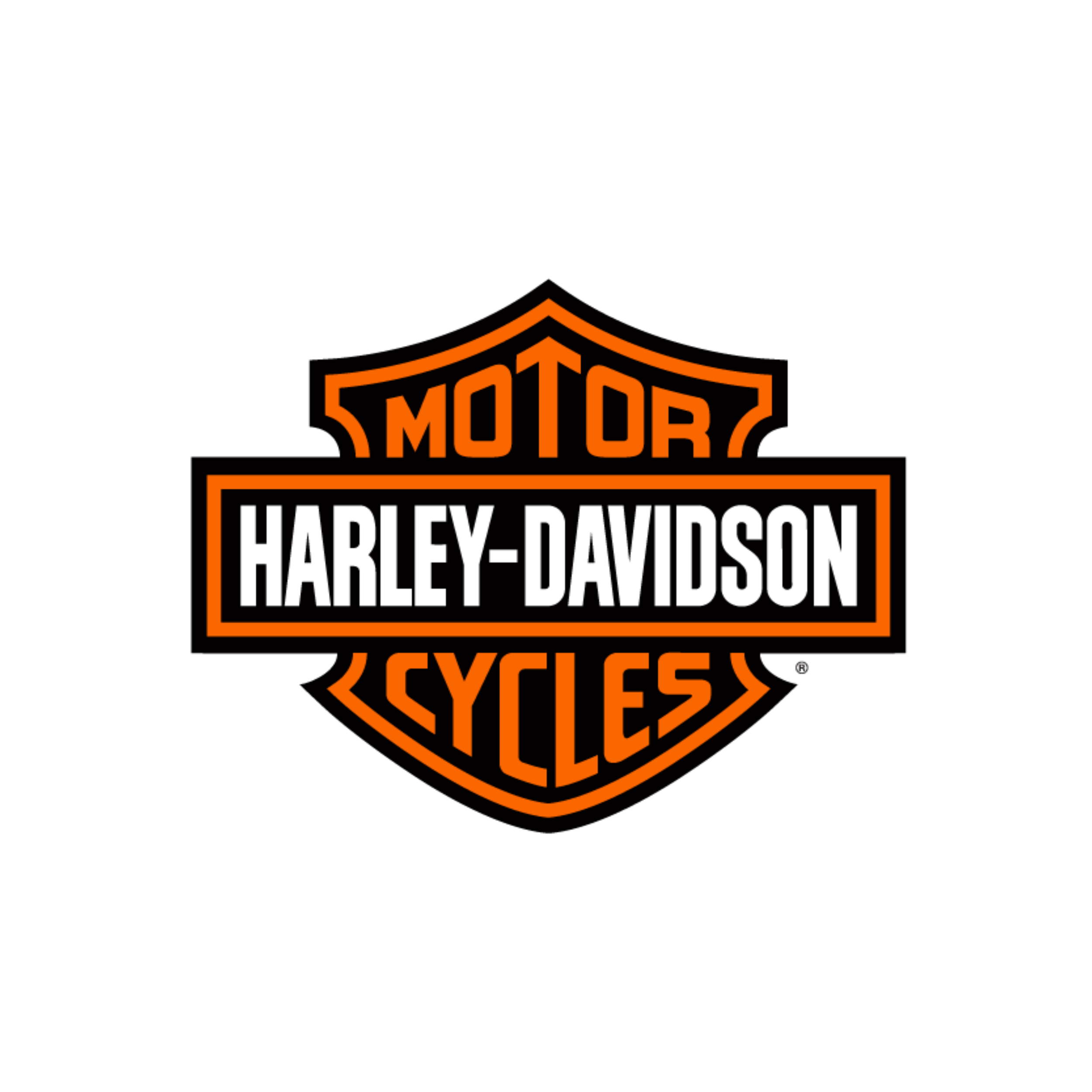 Harley-Davidson logo with the word 'Motor' above and 'Cycles' below, both in orange, on a black background.