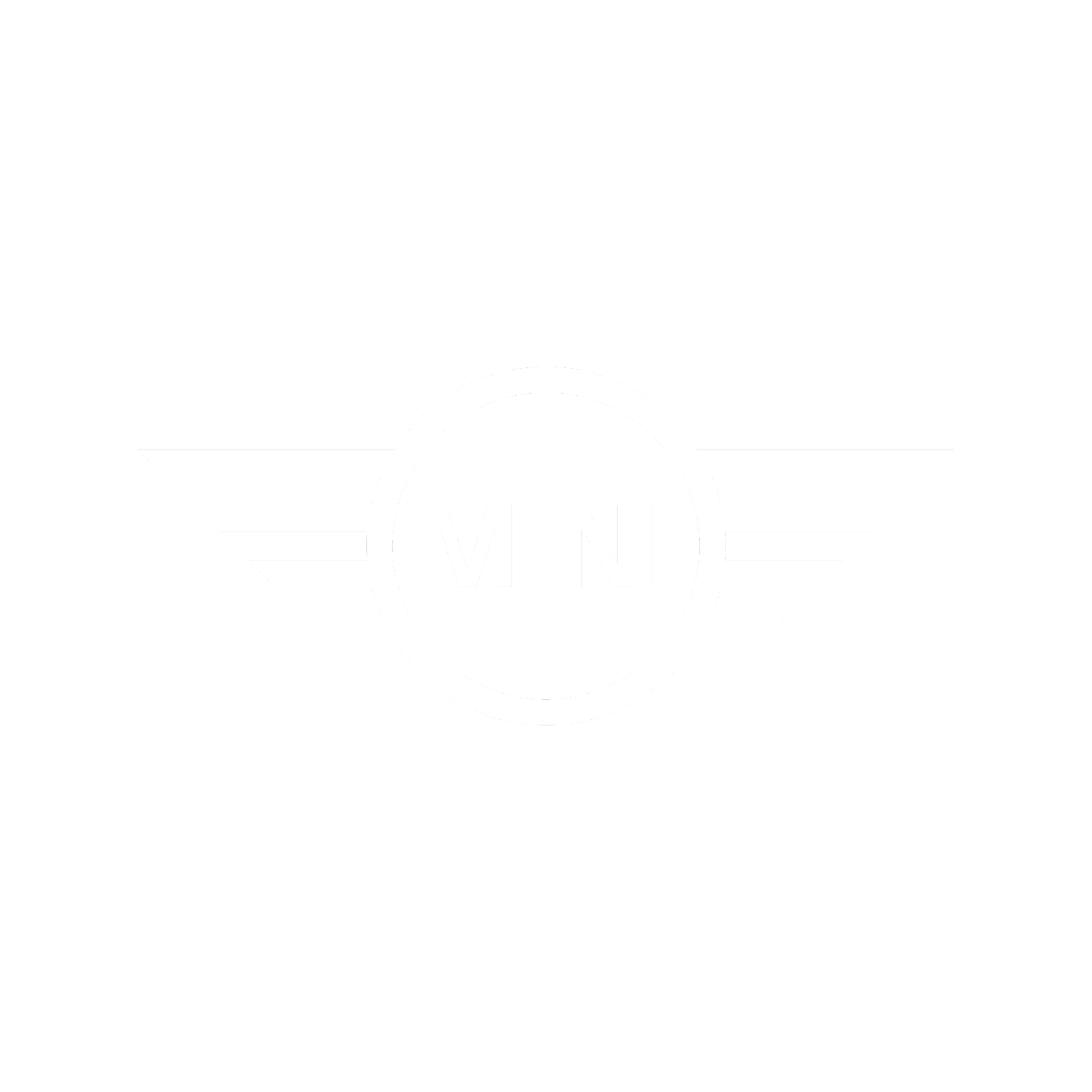 Black and white graphic of a vintage Mini Cooper emblem with wings and the word 'MINI' in the center.