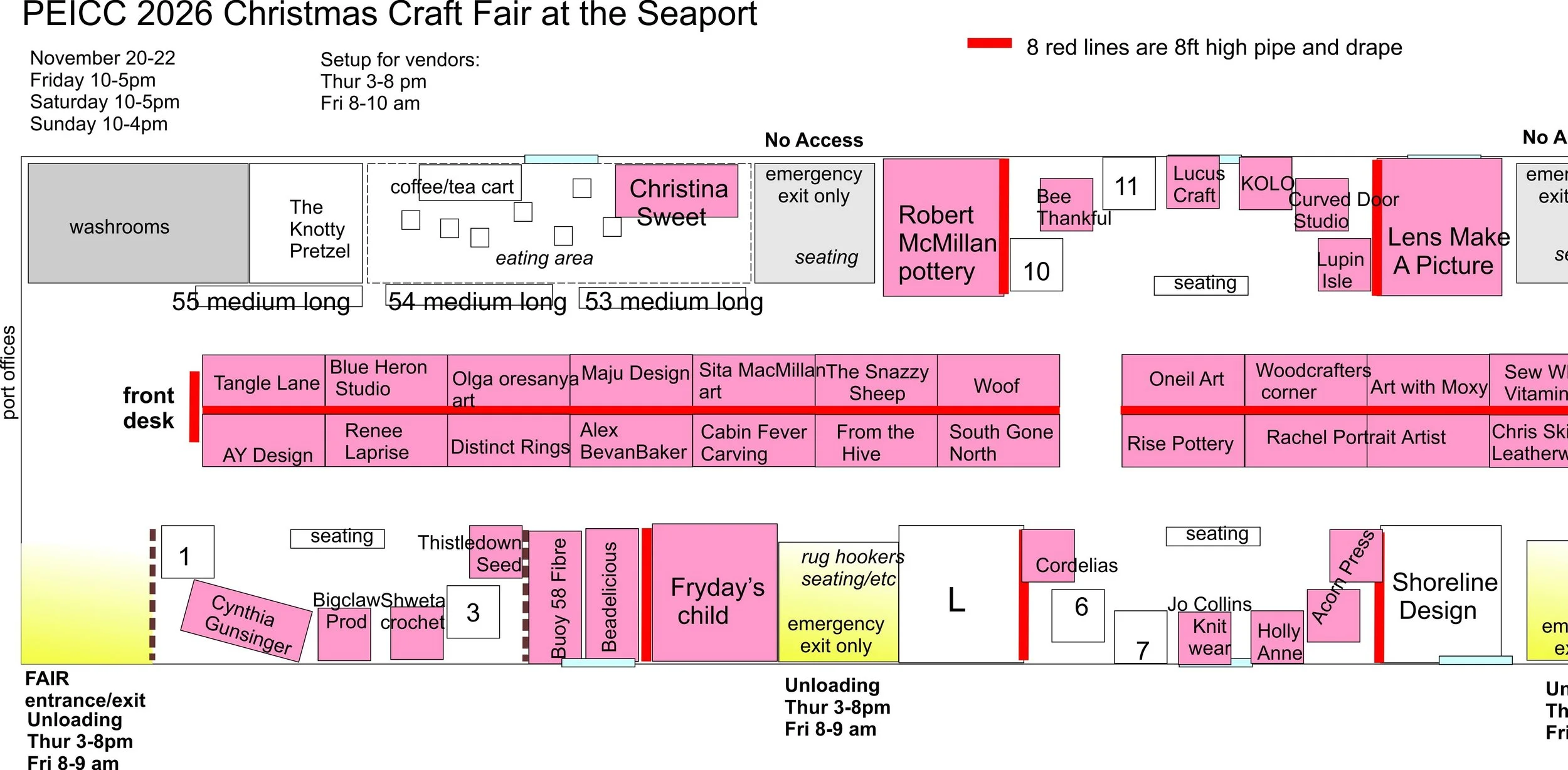 Layout for PEICC 2026 Christmas Craft Fair at the Seaport, showing booth locations and vendor names, with color-coded areas and setup times.