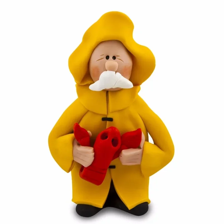 lobster fisherman in yellow coat and hat holding a lobster