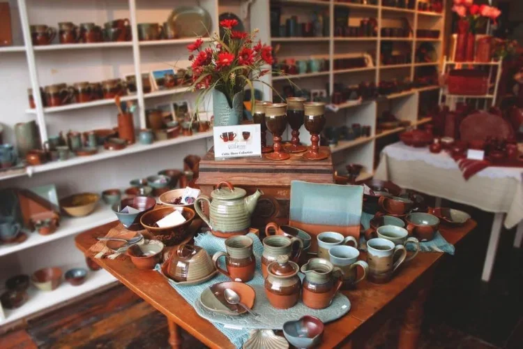 view of pottery display at Village Pottery shop