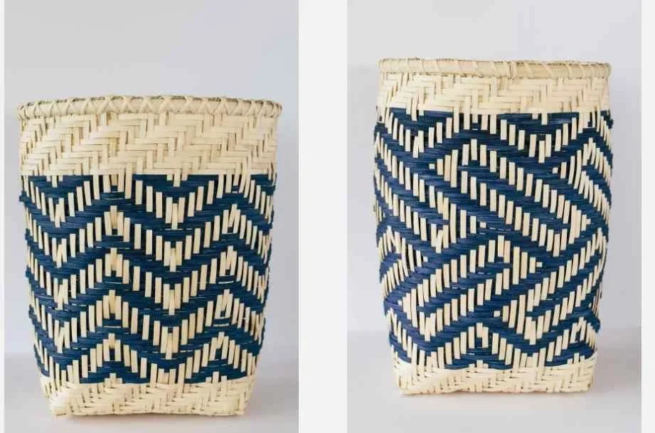 two hand woven blue baskets