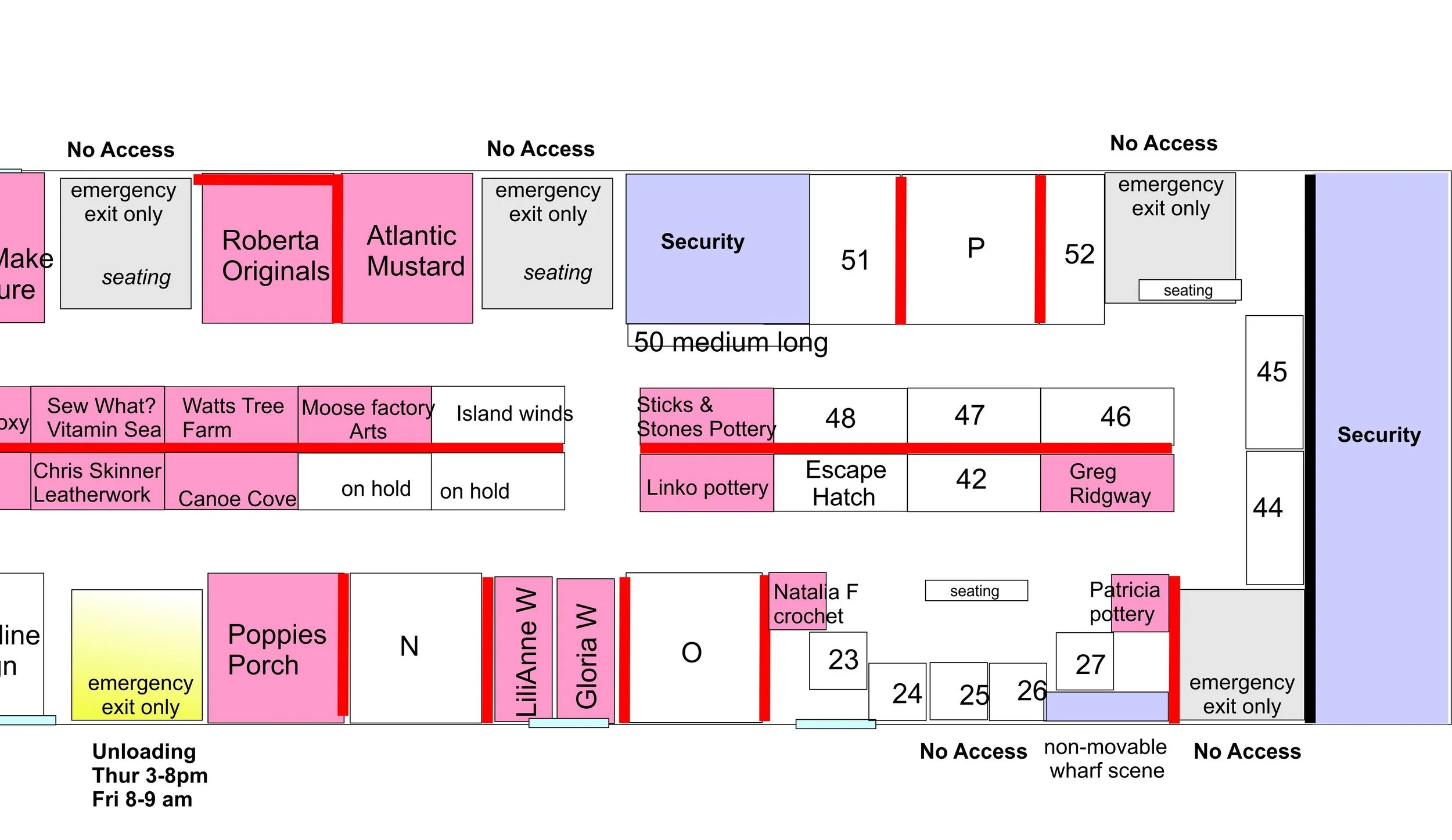 A detailed map of a marketplace or fair with designated stalls for vendors and sections marked for security, seating, and emergency exits. Stalls include various vendors like Roberta Originals, Atlantic Mustard, and Chris Skinner Leatherwork, among others.