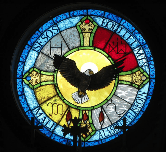 circular eagle stained glass panel
