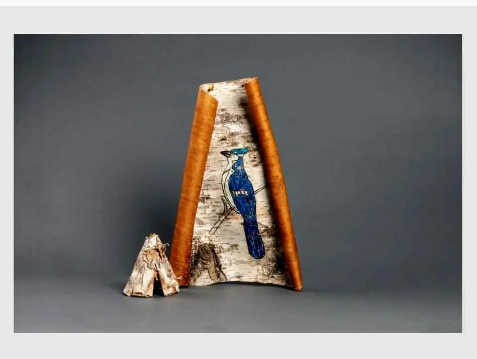 quilled blue jay and wigwam