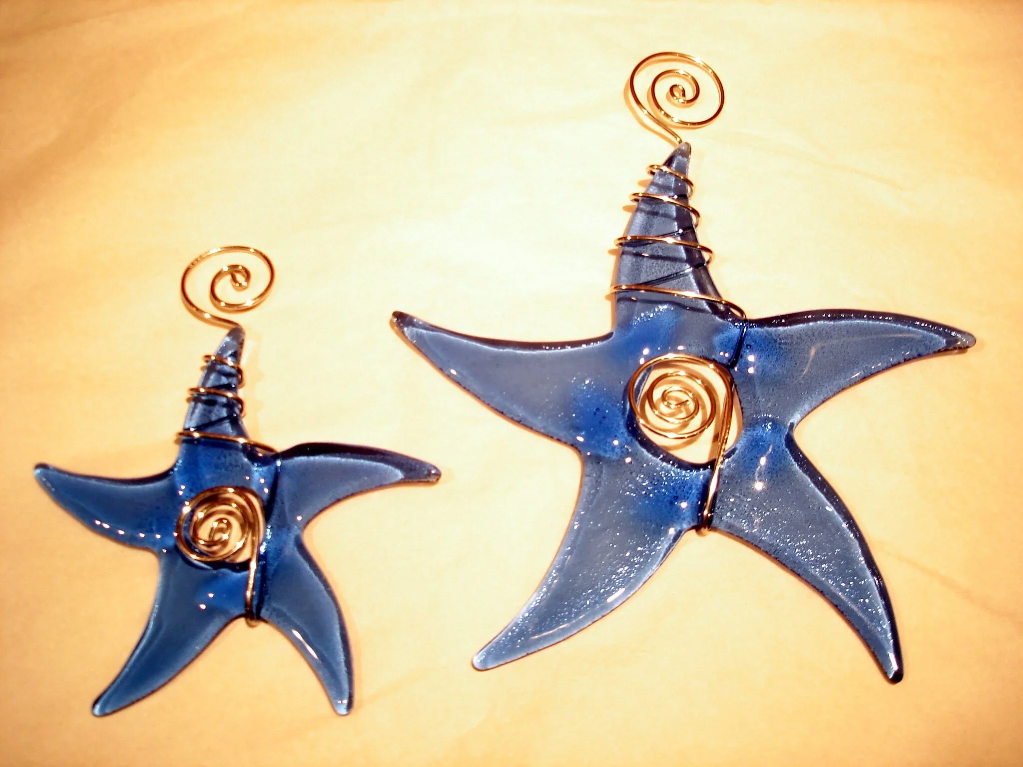 blue fused glass suncatcher stars with spiral wire hooks