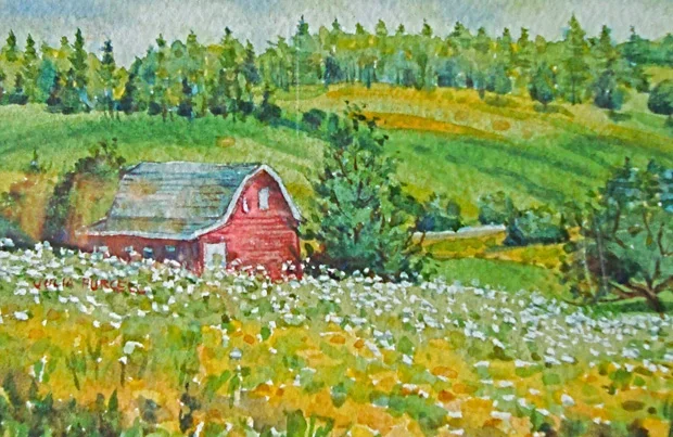 rolling hills and red barn