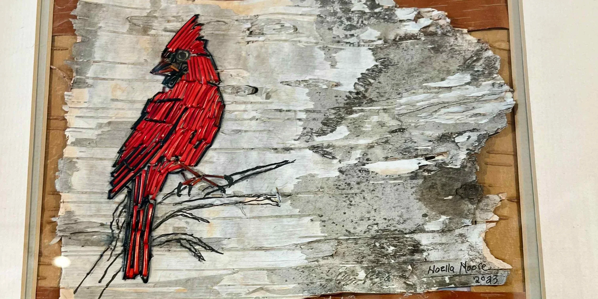 quilled cardinal on birch bark