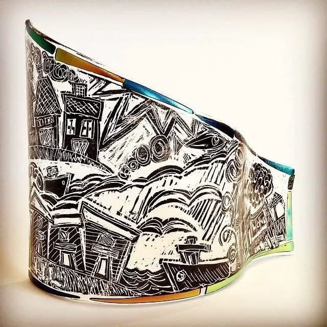 maritime scene on curved fused glass