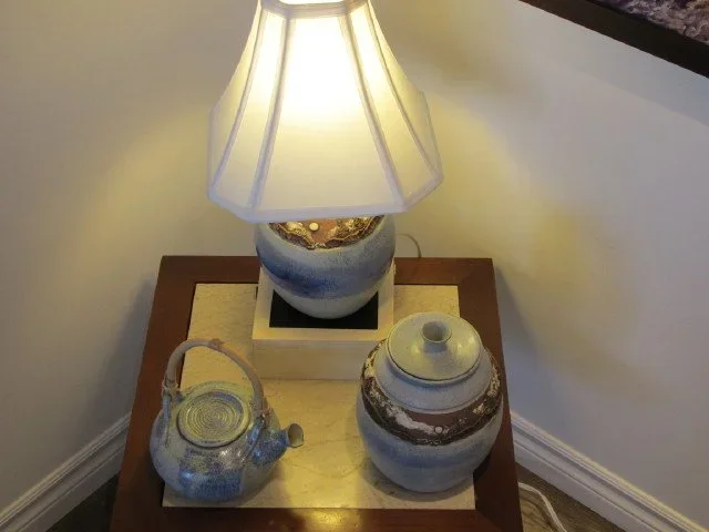 pottery lamp base, teapot and lidded container
