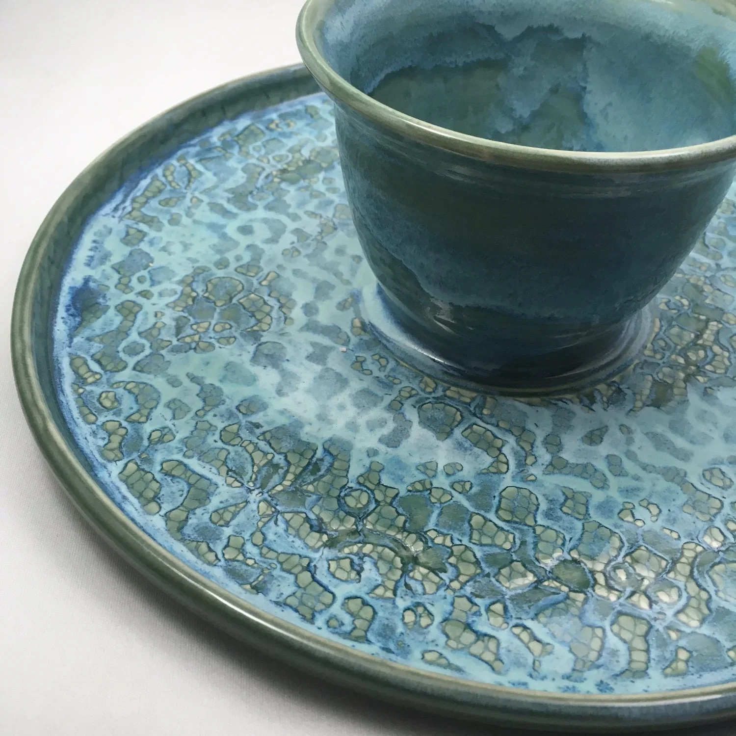 blue pottery platter and bowl