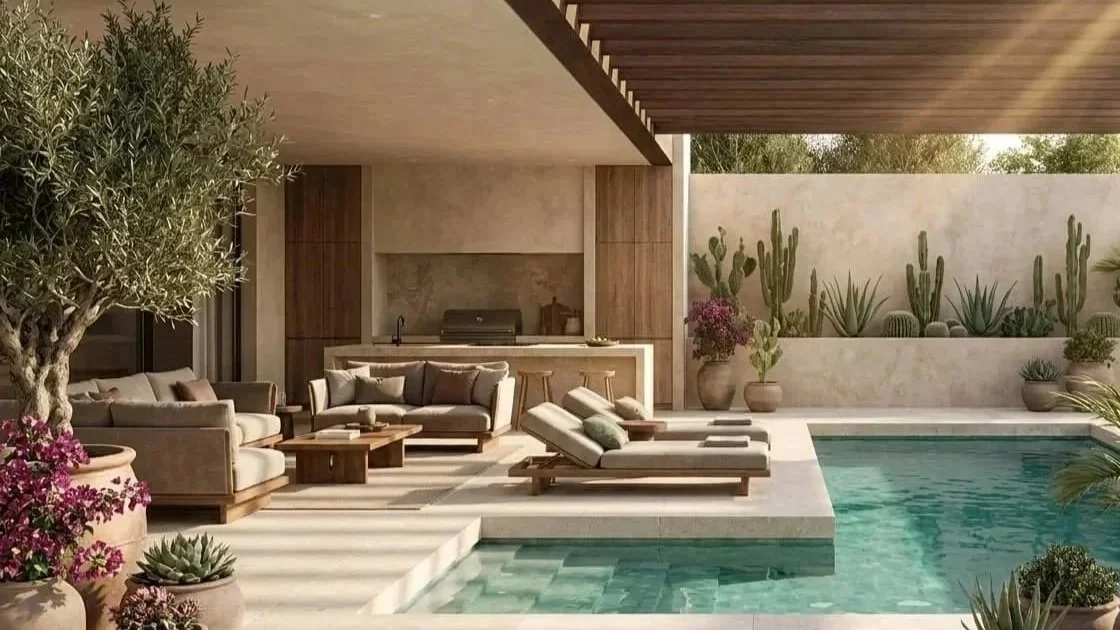 Mediterrane patio met zwembad, olijfboom en loungebedden, AI-visualisatie