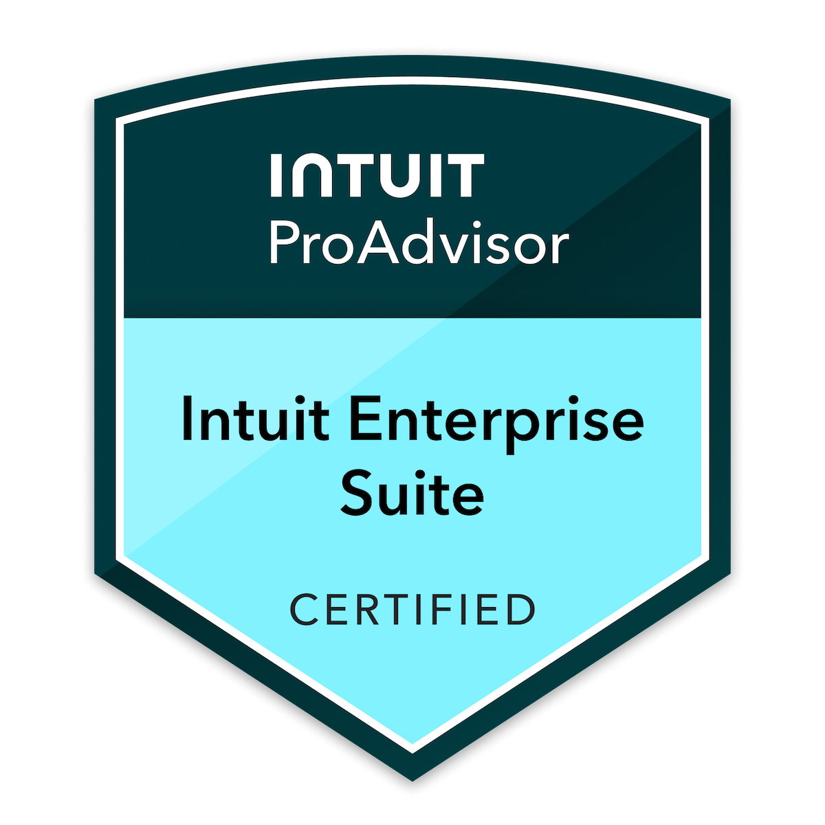 A badge with a dark green upper section and a light blue lower section, featuring the text 'Intuit ProAdvisor', 'Intuit Enterprise Suite', and 'Certified'.