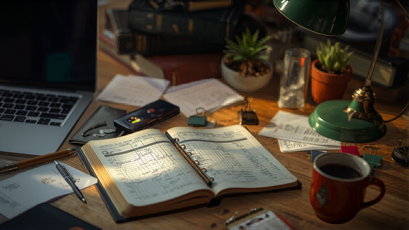 A cluttered desk with an open planner, laptop, coffee mug, potted plants, notebooks, and various office supplies and papers.