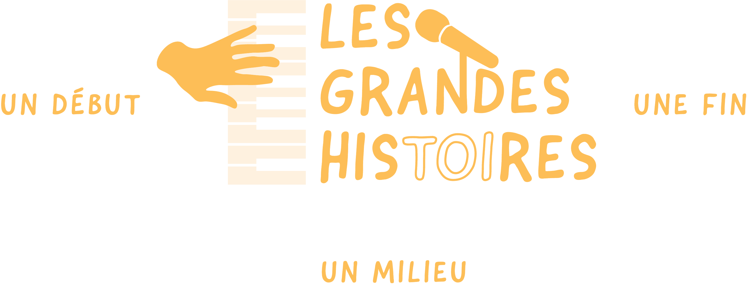Une illustration de piano avec le texte en français : 'De l'école des grandes histoires, un début, une fin, un milieu', qui évoque l'apprentissage et la narration.