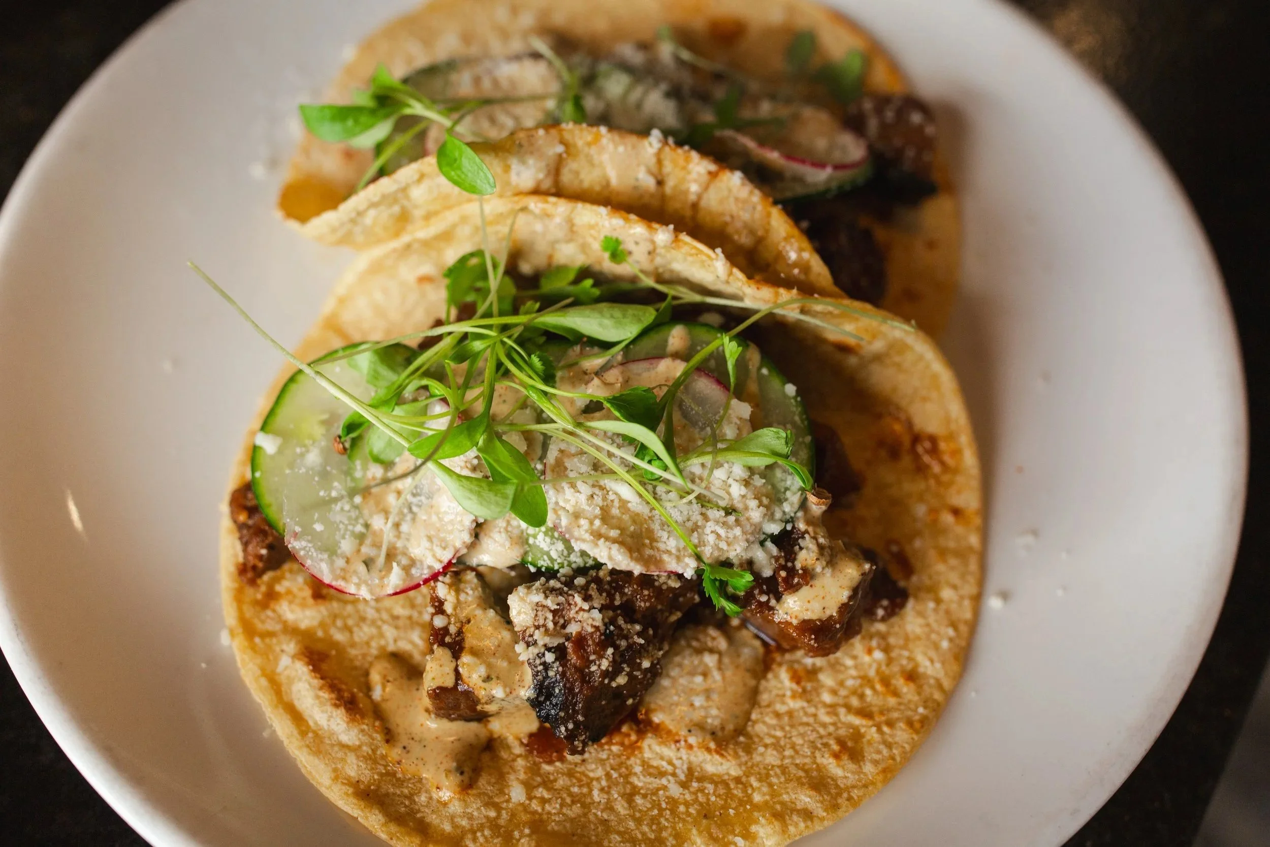 Close-up of a taco with grilled meat, sliced radishes, cucumber, microgreens, and crumbled cheese on a white plate.