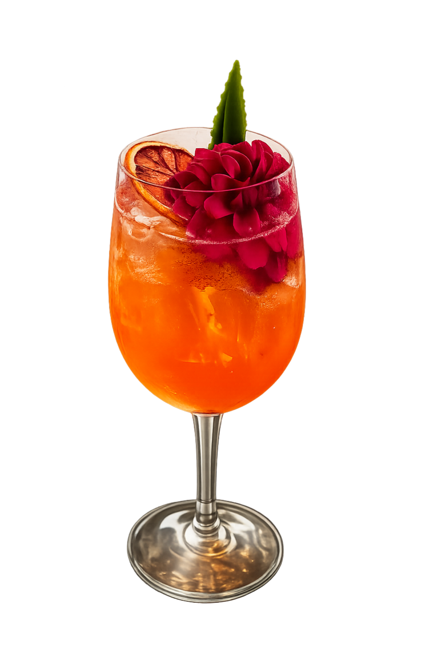 Breckenridge Gin, Aperol, mango, pineapple, sparkling rosé, dehydrated orange, pineapple leaf.