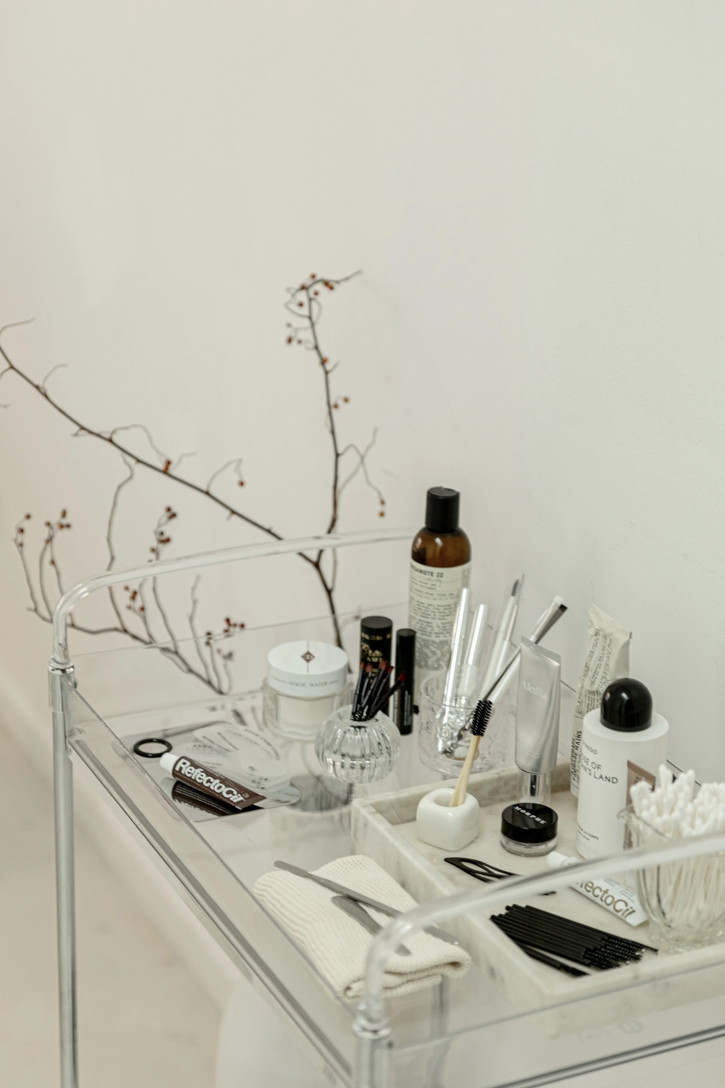 A clear acrylic tray holding skincare and beauty products, tools, and accessories on a white surface against a plain wall with a decorative branch in the background.