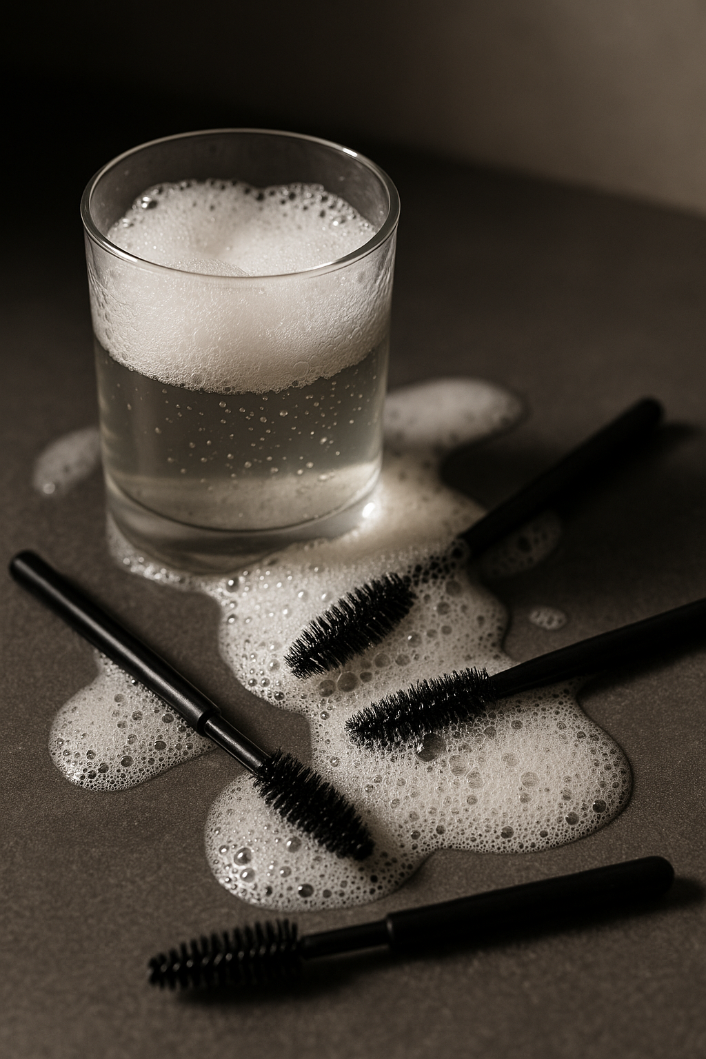 A glass of water with soap suds on top, surrounded by several used mascara wands and a tube of mascara, all on a dark surface with soap sudes scattered around.