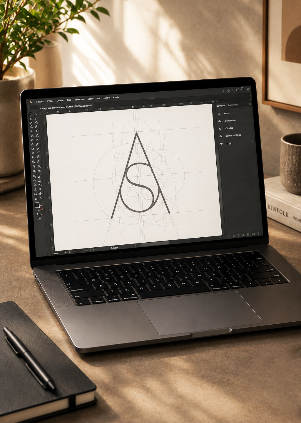 Design de logo em uma tela de laptop, com letras A e S, sobre linhas de guia e círculos para proporções precisas, em um ambiente de escritório com plantas e livros ao fundo.