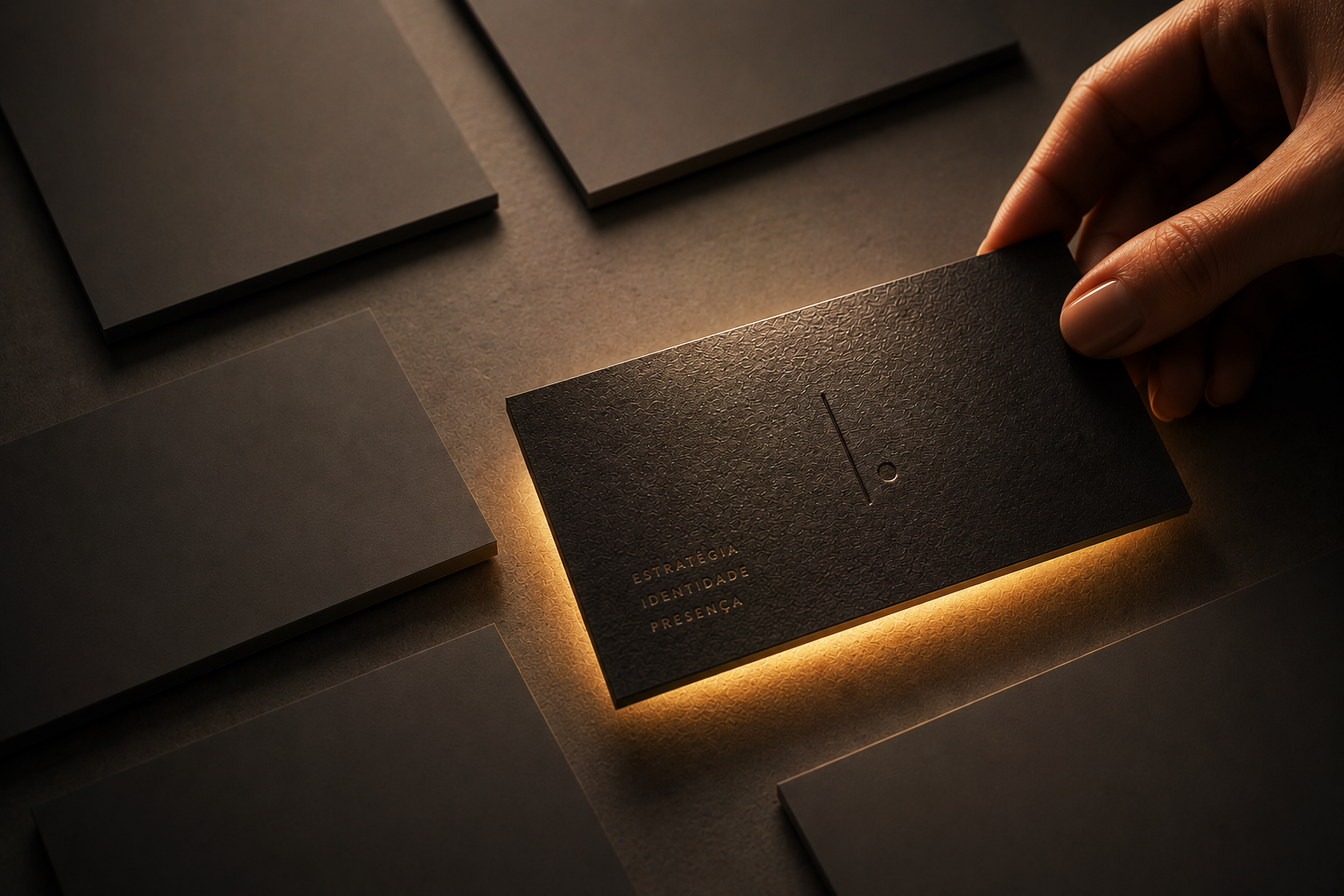 Cartão preto com textura e relevo, iluminado por luz dourada.