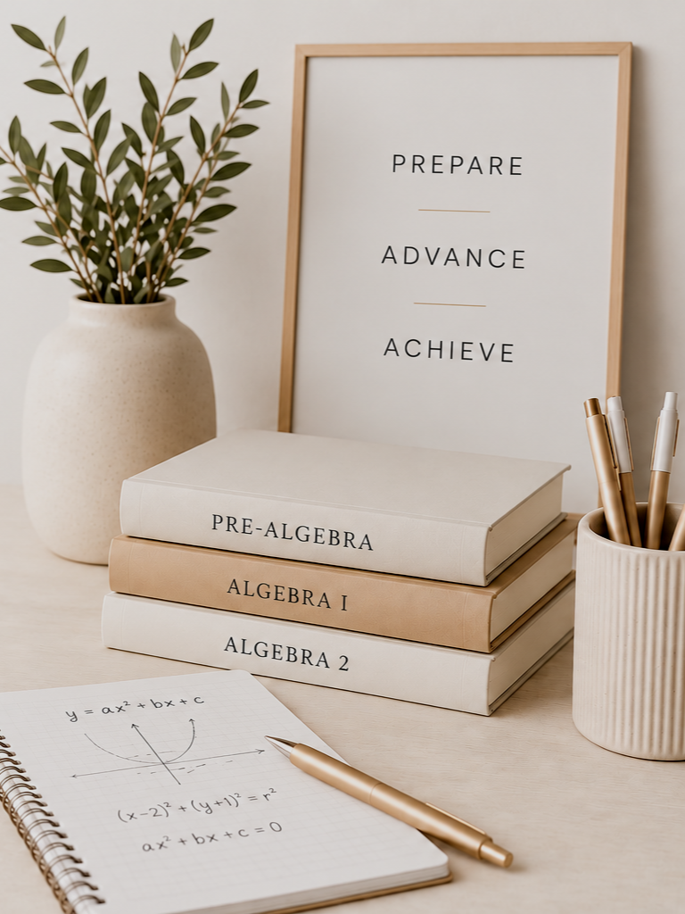 Books about algebra, a notebook with mathematical equations, a framed motivational quote, a plant in a white pot, and pens on a light-colored desk.