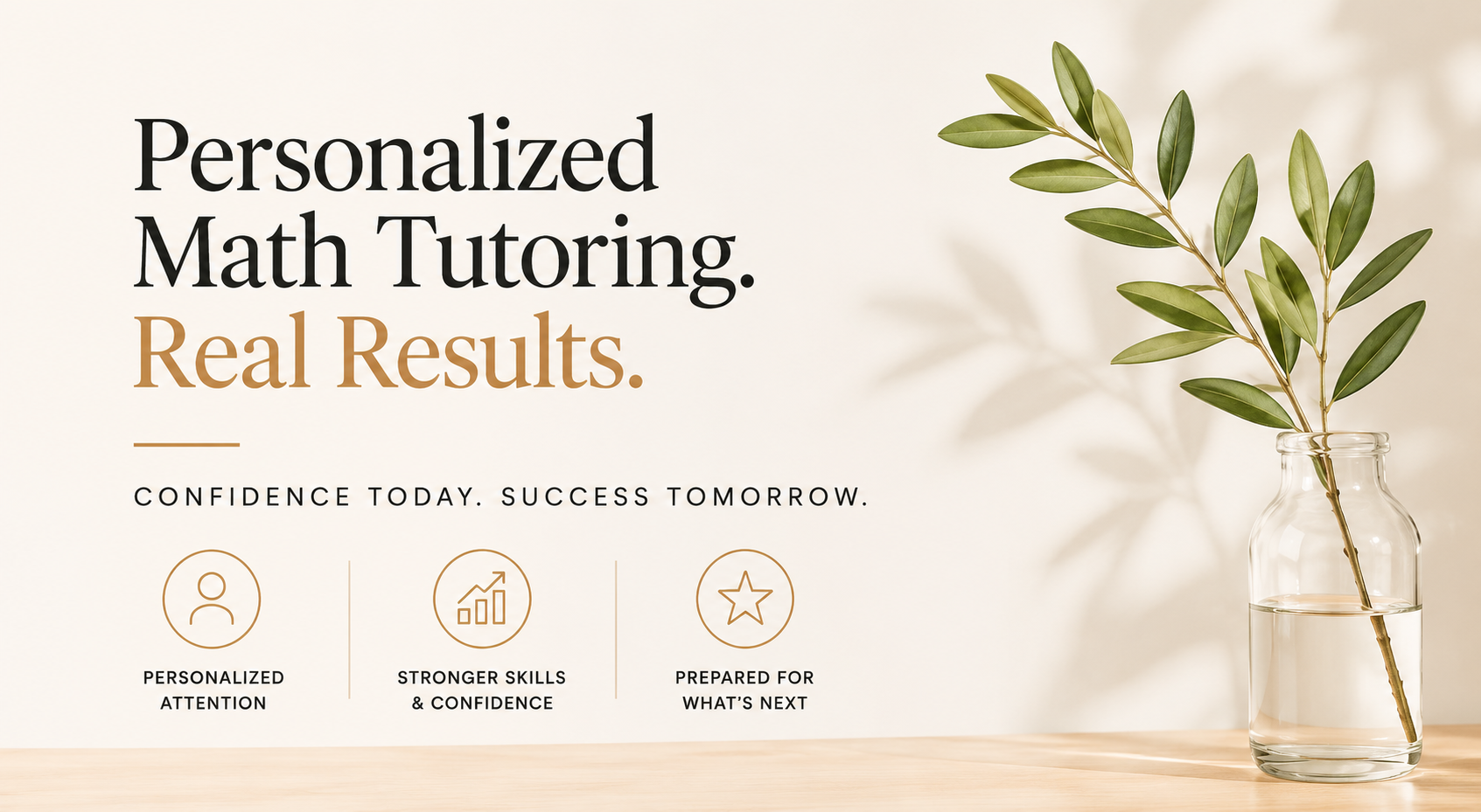 A promotional webpage for personalized math tutoring featuring a minimalist design with a plant in a glass jar on the right and text promoting confidence, skills, and success.