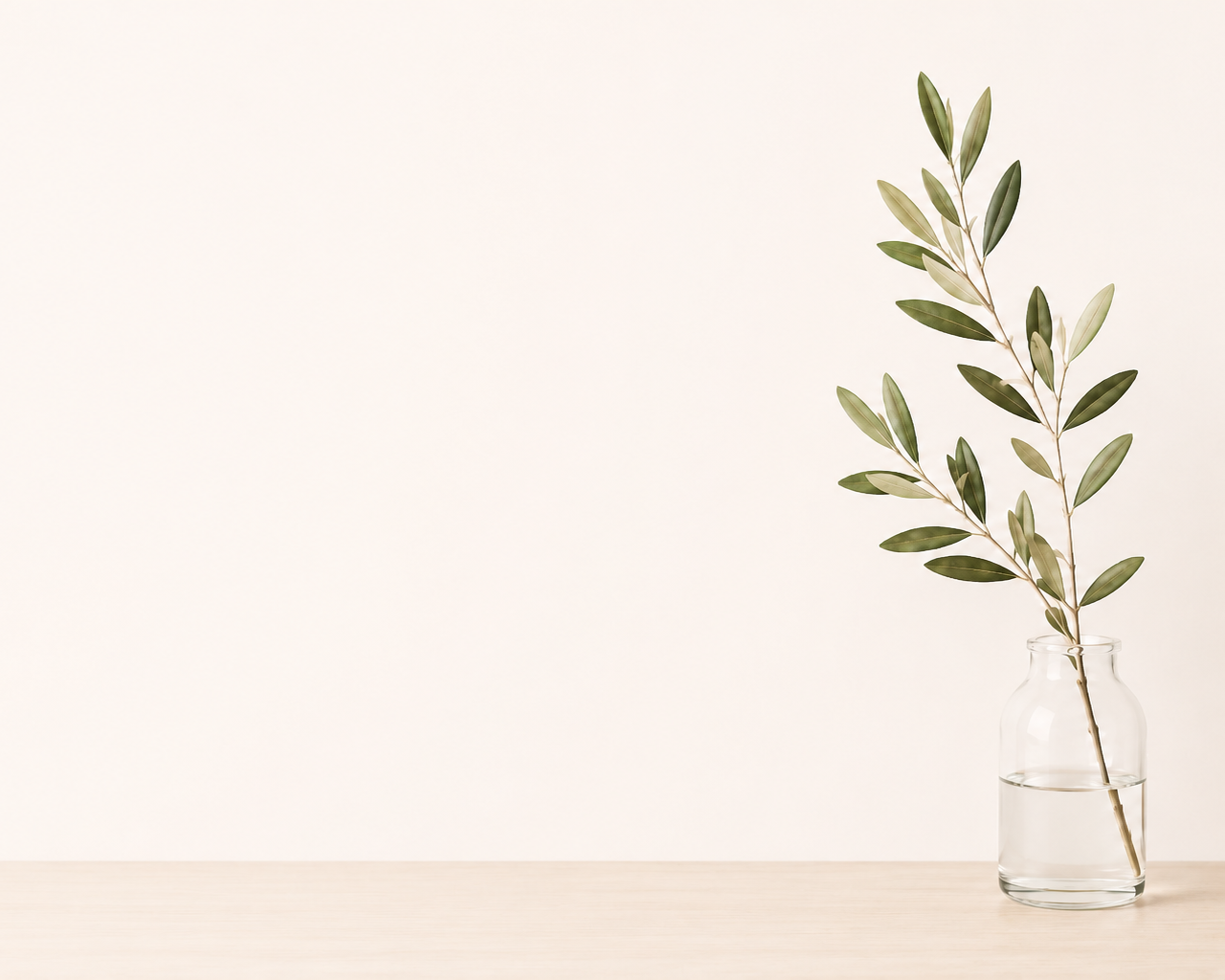 A clear glass vase with water holding a branch with green leaves against a plain white background.