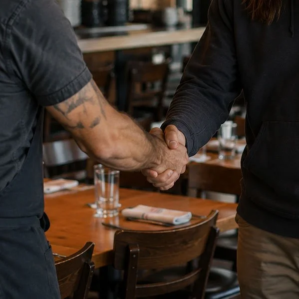 Two people shaking hands in a restaurant or cafe setting.