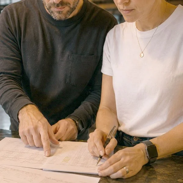 Two people reviewing a printed menu or document together, with one pointing and the other holding a pen.