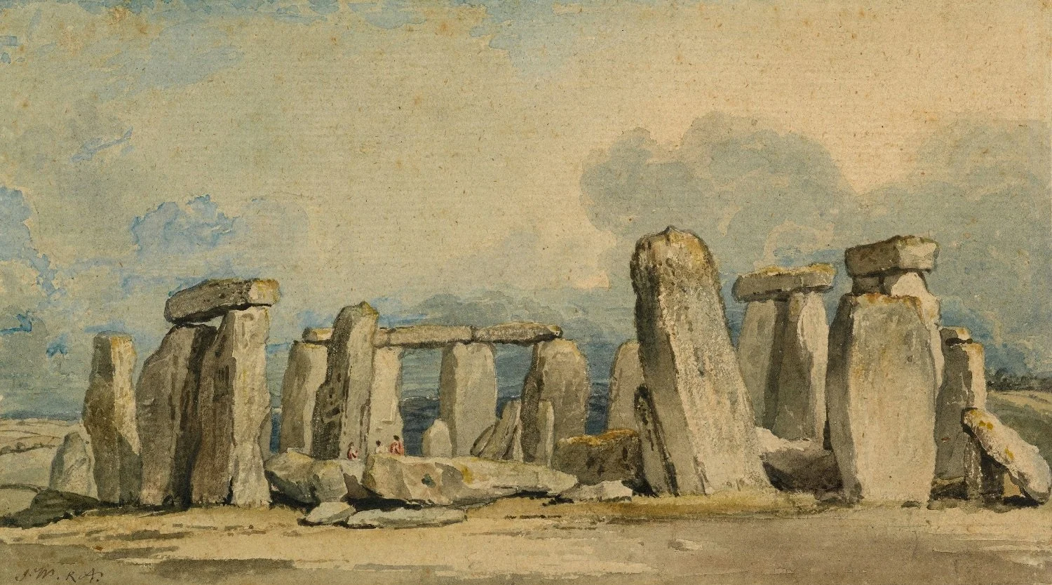 Watercolor painting of Stonehenge, a prehistoric monument with large standing stones arranged in a circular formation under a cloudy sky.