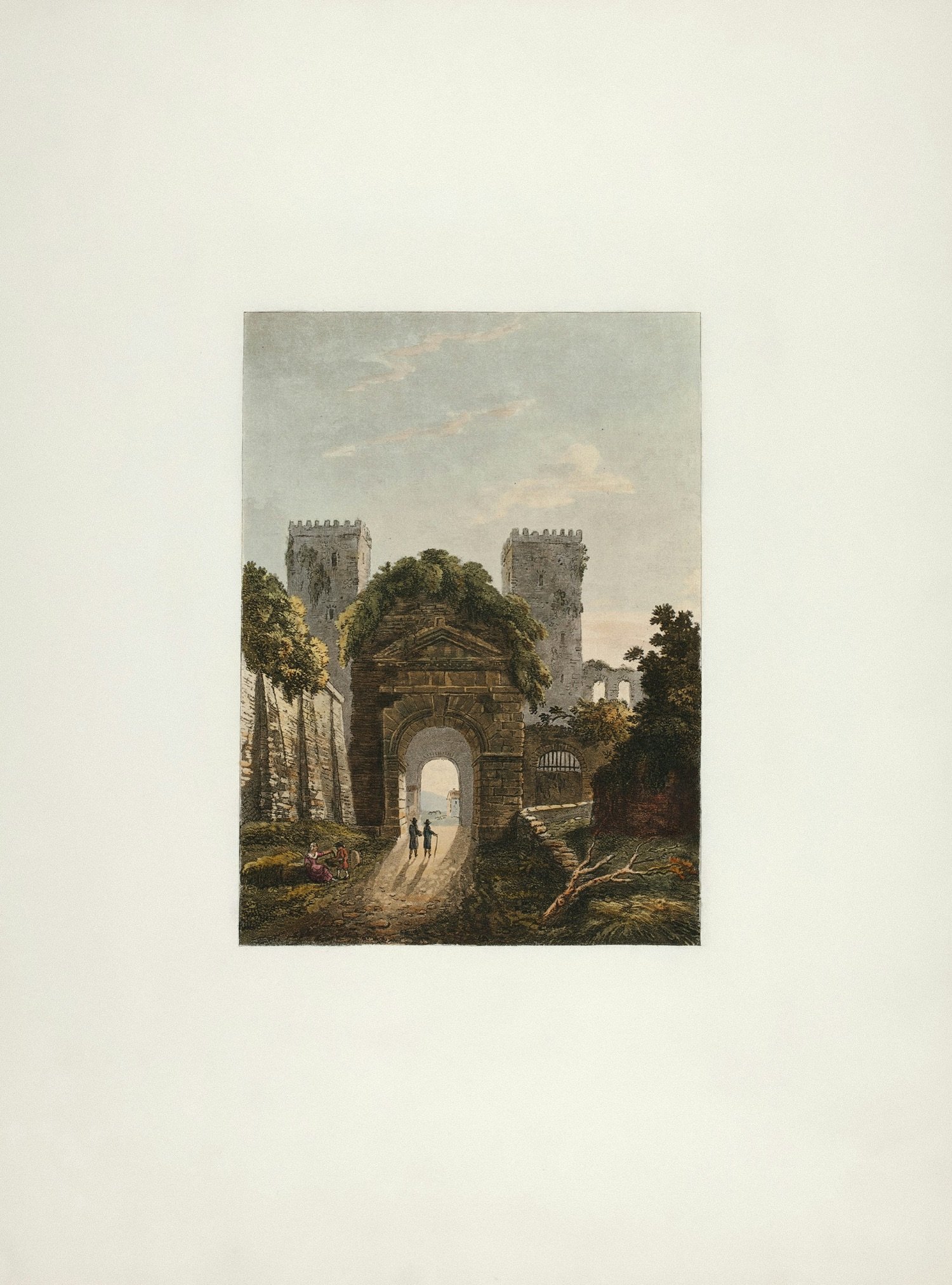 A painting of a stone gate with an archway, leading to a castle with tall towers, surrounded by trees, under a partly cloudy sky.