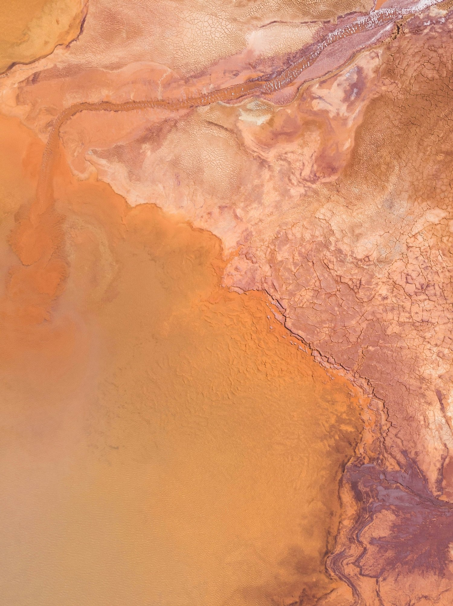 Satellite image of a desert landscape with dry, cracked earth, reddish and brownish terrain, and a river or water channel running through the area.