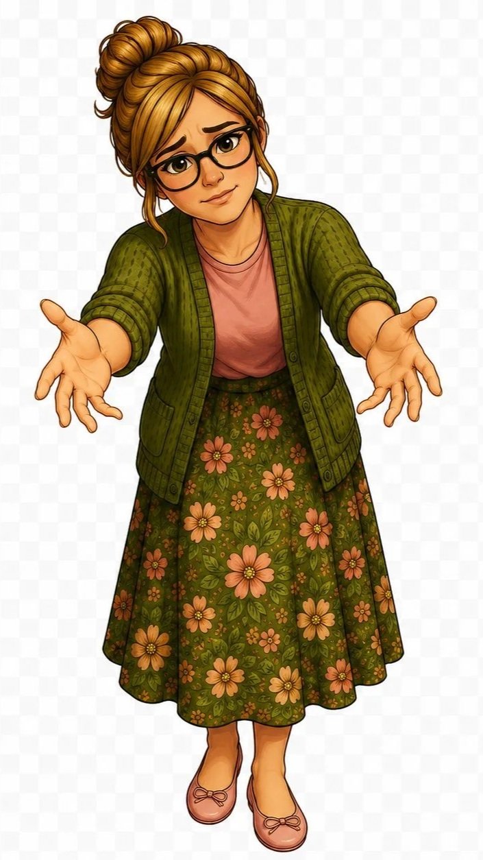 A cartoon woman with glasses, blonde hair in a bun, wearing a green cardigan, pink shirt, floral skirt, and pink flats, with an expression of concern, extending her hands outward.
