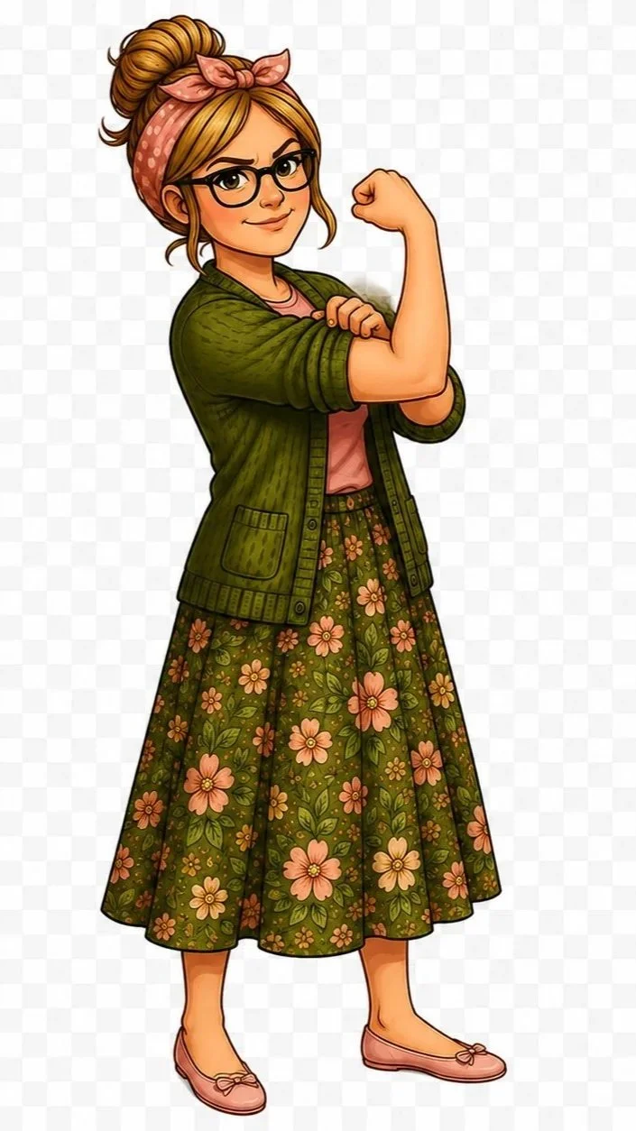 A cartoon woman with glasses and a headscarf, wearing a green cardigan and floral skirt, flexing her arm to show strength.