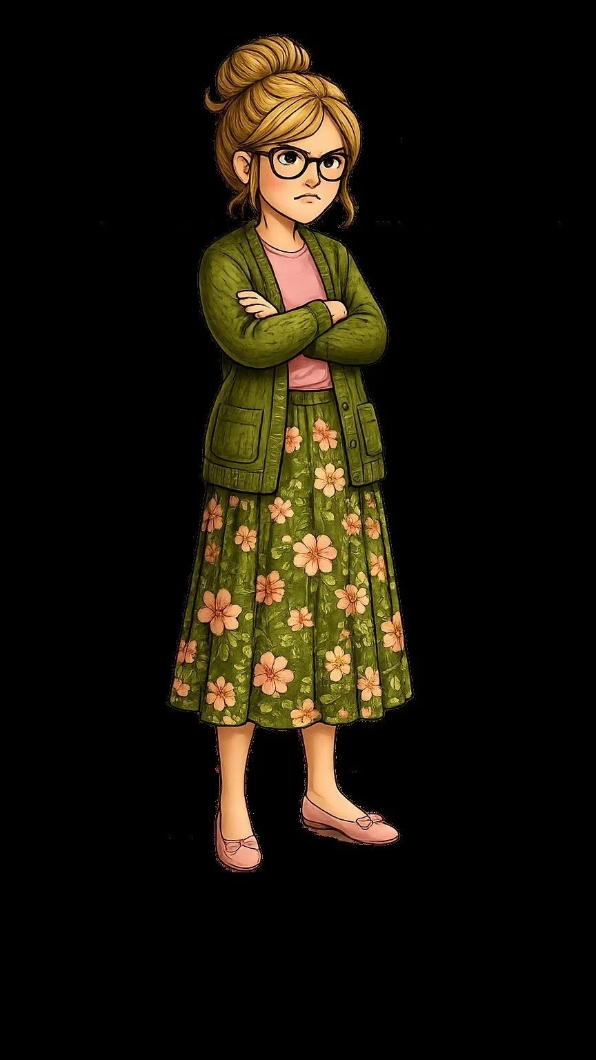 A cartoon girl with glasses, crossed arms, in a green jacket, pink shirt, floral skirt, and pink shoes.