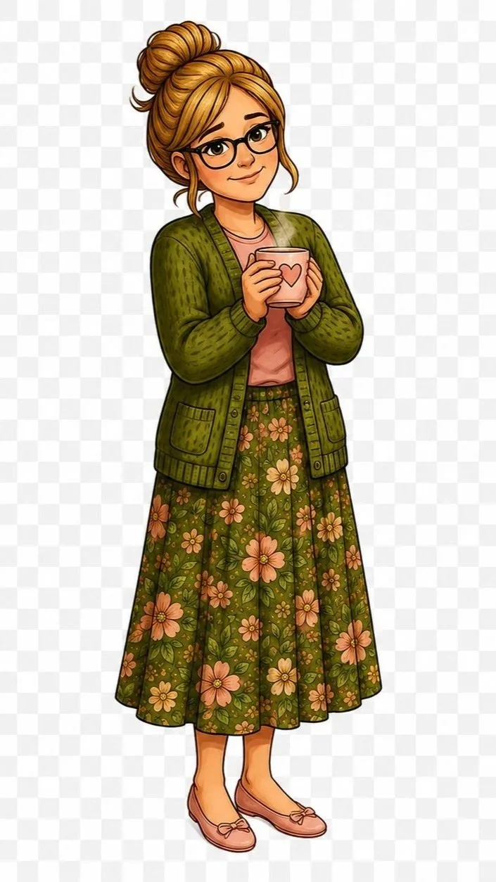 Cartoon girl with glasses and a bun hairstyle, holding a mug with a heart on it, dressed in a pink shirt, green cardigan, floral skirt, and pink flats.