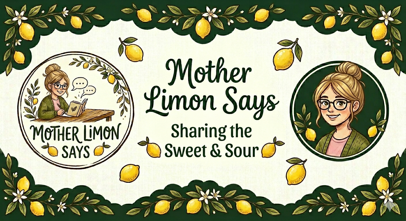 A decorative illustration featuring a lemon theme with two circular portraits of a woman with glasses and blonde hair tied in a bun. The left portrait shows her reading a book, and the right shows her smiling. The background has a border of lemons with green leaves and white flowers. The text reads 'Mother Limon Says' and 'Sharing the Sweet & Sour.'
