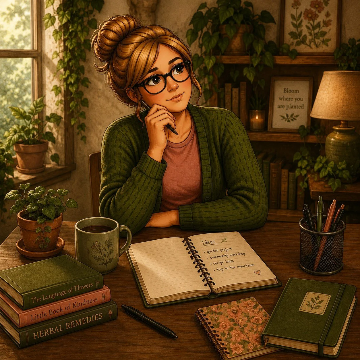 A woman with glasses and a bun hairstyle sitting at a wooden desk in a cozy room filled with plants, books, and a warm light. She has a notebook open with ideas written inside, a mug of tea, and various books and notebooks around her.