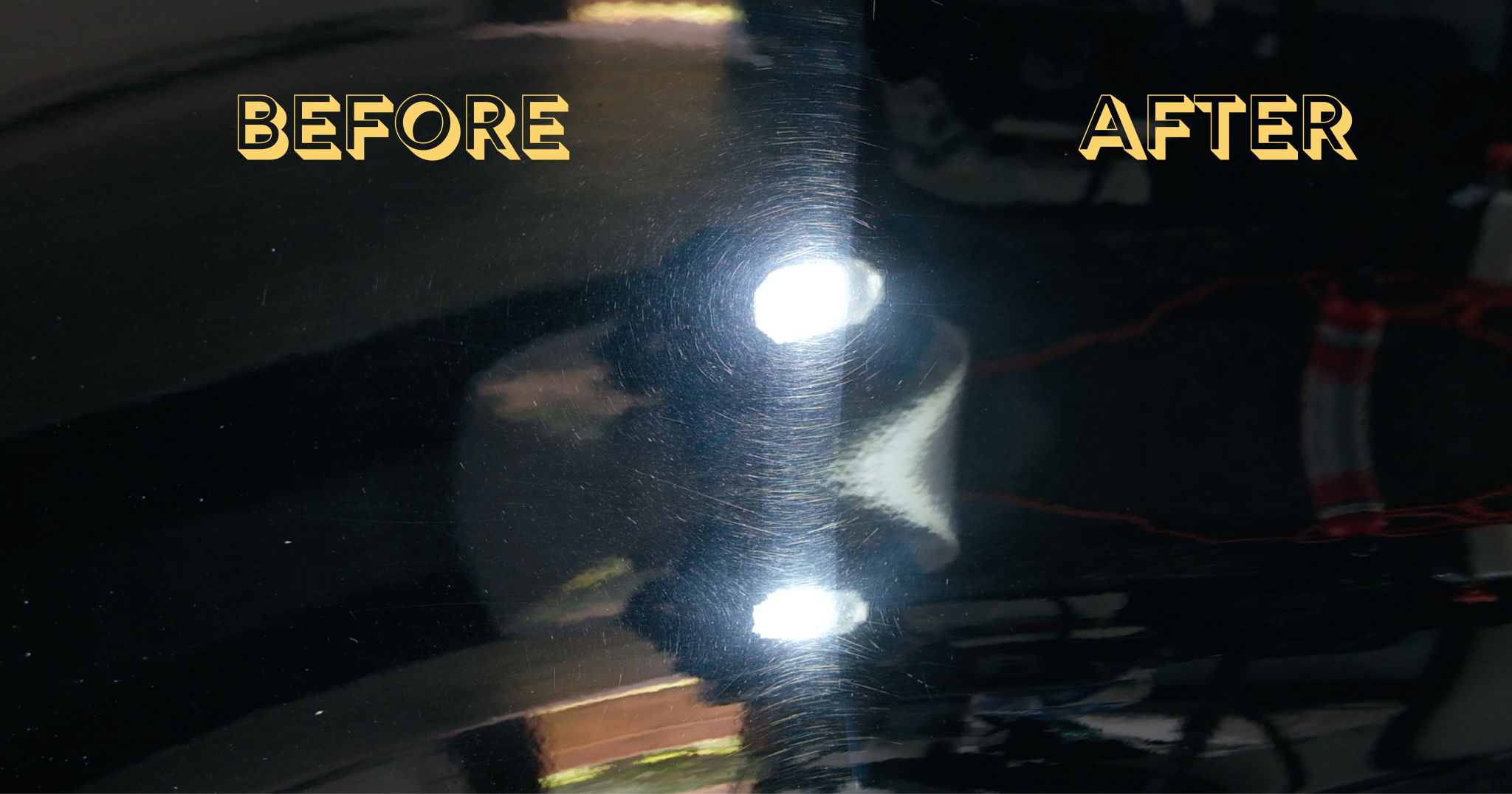 Before and after comparison of a scratched and polished black surface, showing the improved shine and surface smoothness after polishing.