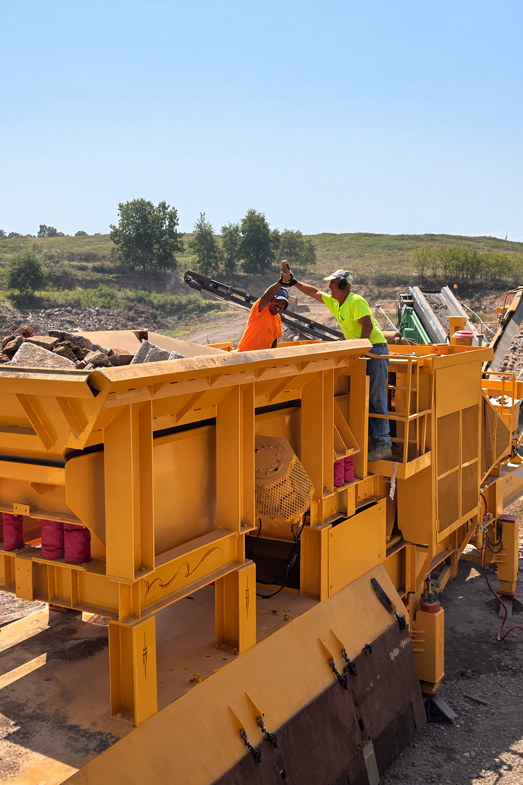 Construction workers in high-visibility shirts working on a large yellow asphalt paving machine at a Sandlot site.