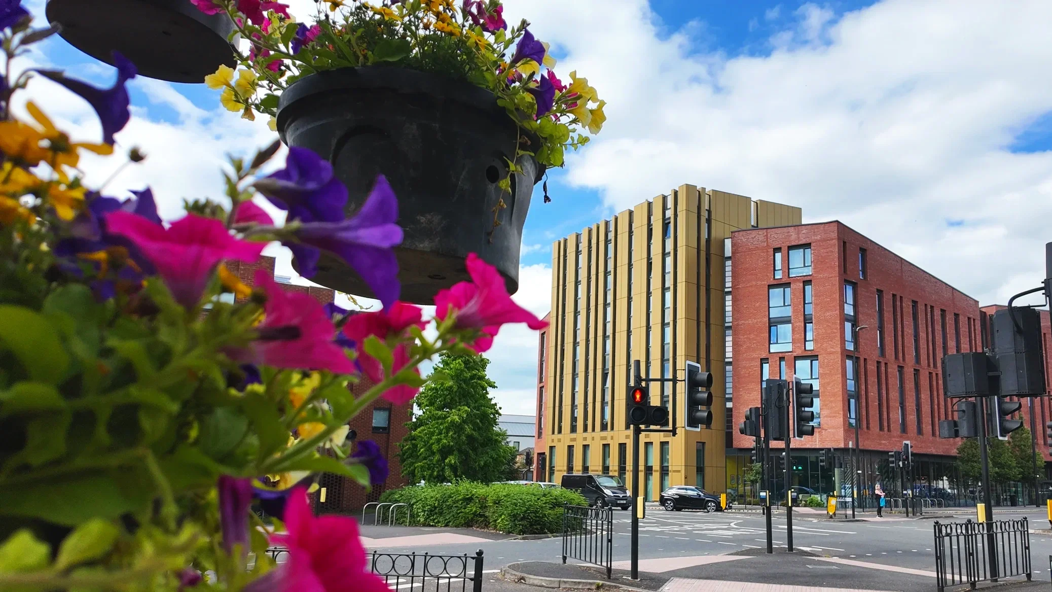 Colorful flower basket in the foreground, urban street scene with modern buildings, traffic lights, and a few pedestrians, under a partly cloudy sky.
