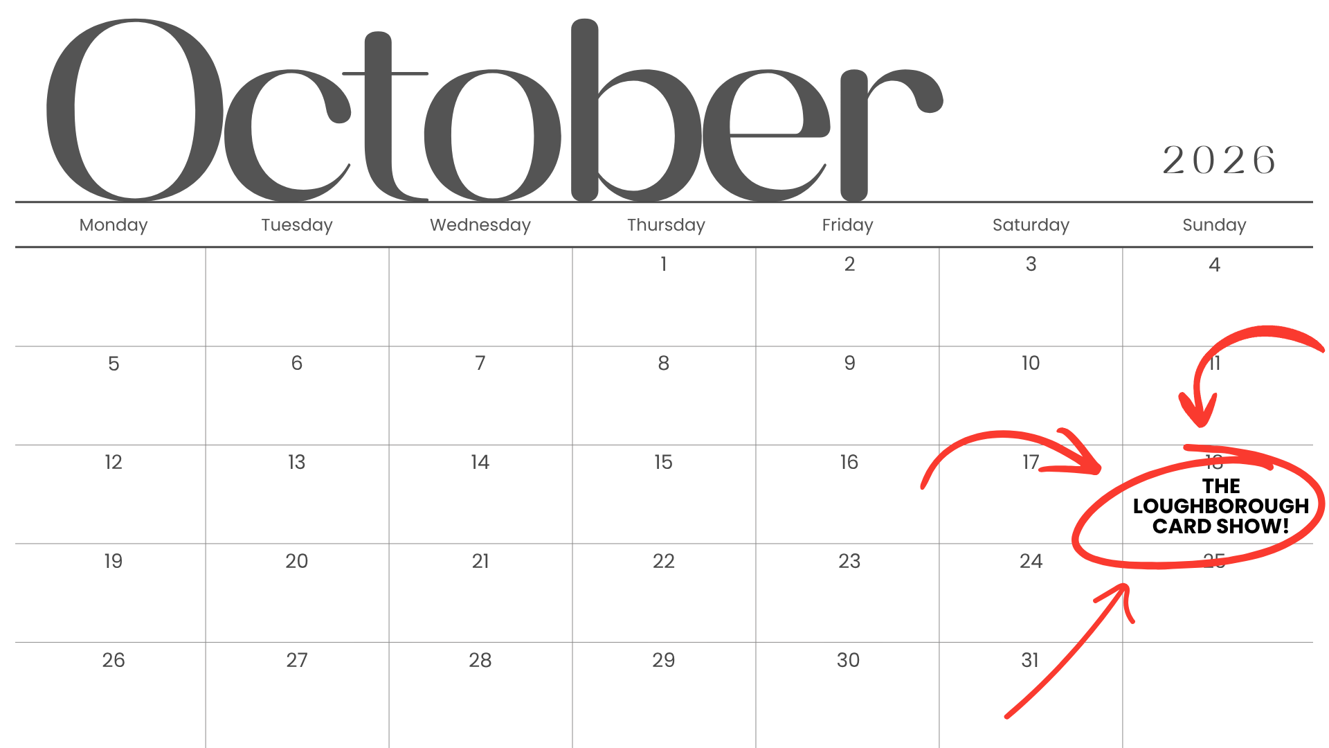 October 2026 calendar with a red arrow pointing to the 17th and a circled area around the 17th.