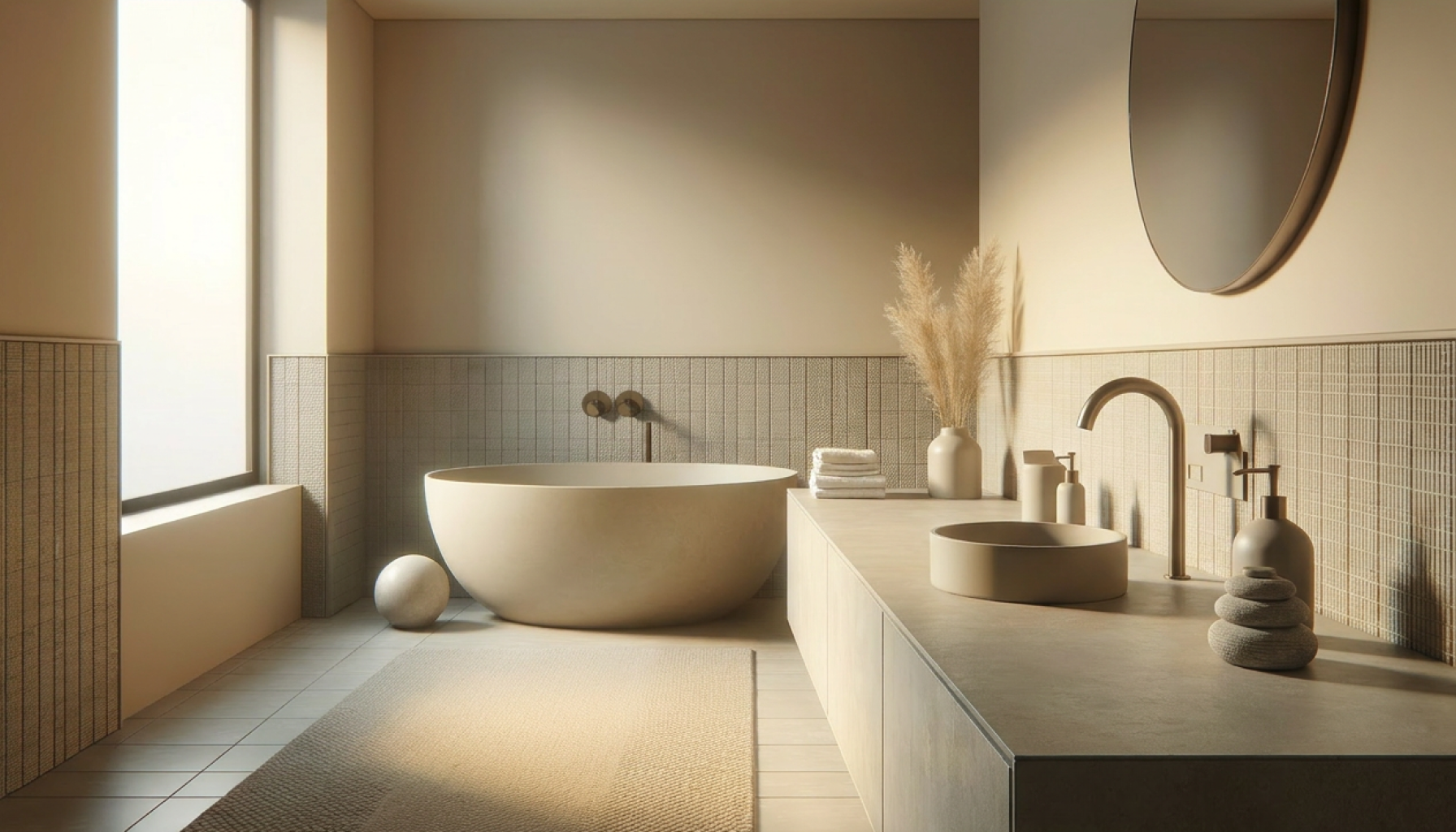 Modern minimalist bathroom with a freestanding bathtub beside a large window, beige tiled walls, a wooden vanity with a round sink, a gold faucet, and decorative items including a vase with pampas grass, stacked stones, and neatly folded towels.