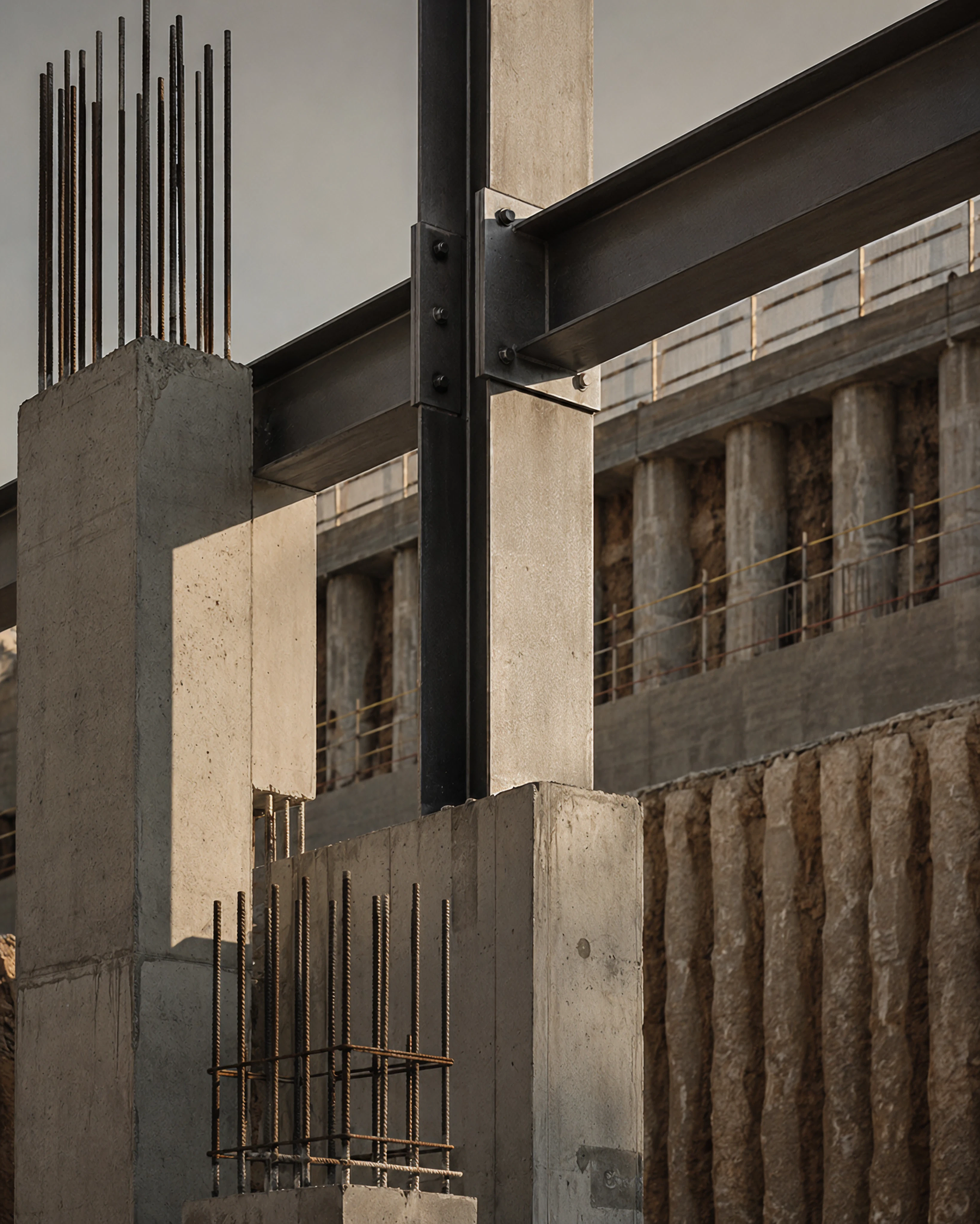 Close-up of a construction site showing concrete blocks, steel rebar, and steel beams held together with bolts, with a building under construction in the background.