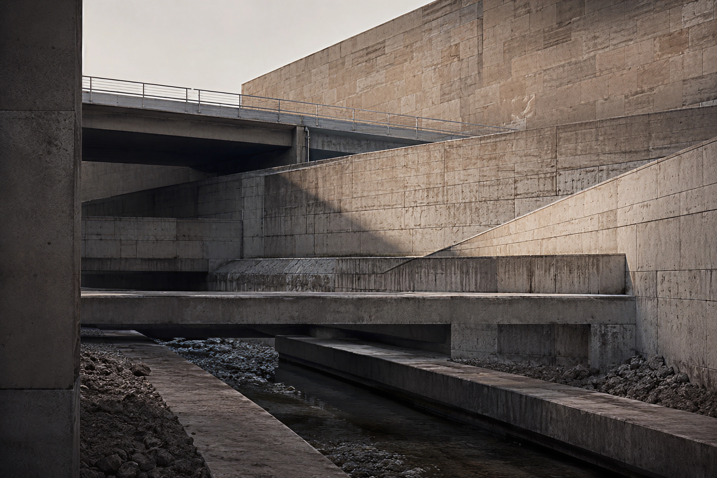 Concrete and stone building with multiple levels and a bridge structure, shadowed area at the bottom, and cloudy sky overhead.