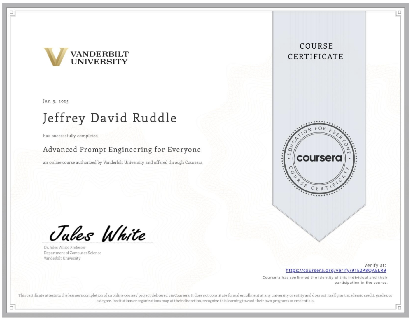 Advanced Prompt Engineering

Vanderbilt University

Issued Jan 2025

Credential ID 91E2P8QAELR9