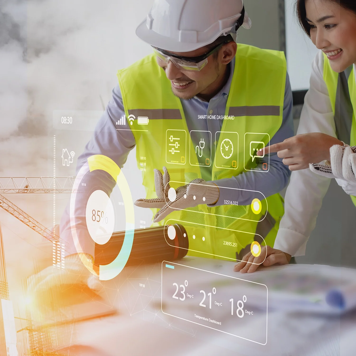 Construction workers in safety vests and hard hats review a holographic digital interface with smart home and temperature control icons, building structures, and data in an industrial setting.