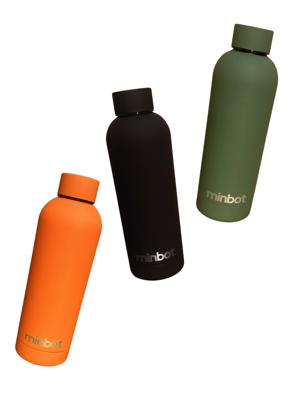Three Minbot water bottles in orange, black, and green, arranged diagonally on a transparent background.